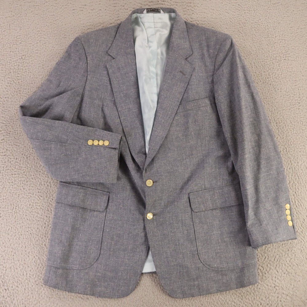 VTG Hopsack Jacket L Blue Wool Blend Blazer Sport Coat‎ Patch Pockets USA 44R